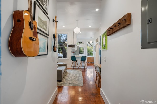 719-721 Shotwell St, San Francisco, CA 94110 - corridor featuring electric panel, dark wood-style floors, baseboards, and recessed lighting