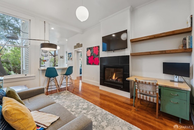 719-721 Shotwell St, San Francisco, CA 94110 - living room featuring wood finished floors, ornamental molding, plenty of natural light, a tile fireplace, and baseboards