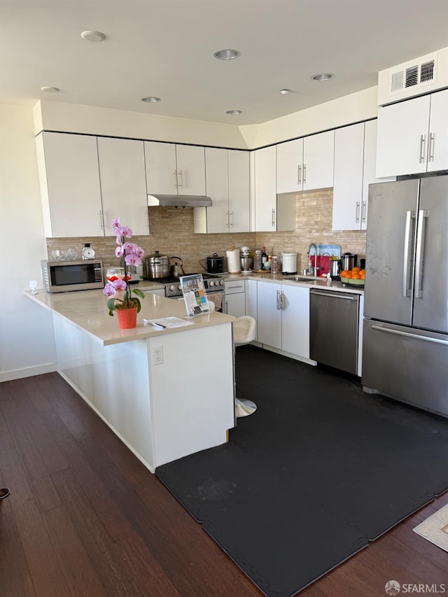 50 Jerrold Ave Unit 215, San Francisco, CA 94124 - kitchen featuring stainless steel appliances, under cabinet range hood, white cabinetry, a peninsula, and dark wood-style floors