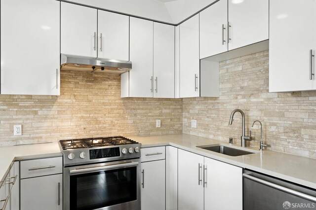 50 Jerrold Ave Unit 215, San Francisco, CA 94124 - kitchen featuring stainless steel appliances, under cabinet range hood, white cabinetry, and light countertops