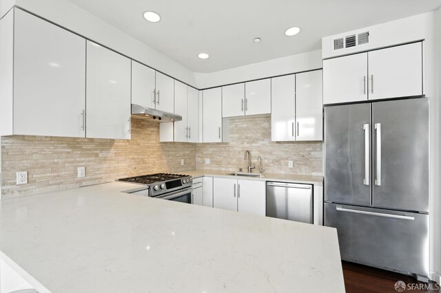 50 Jerrold Ave Unit 215, San Francisco, CA 94124 - kitchen featuring appliances with stainless steel finishes, under cabinet range hood, a peninsula, white cabinets, and recessed lighting