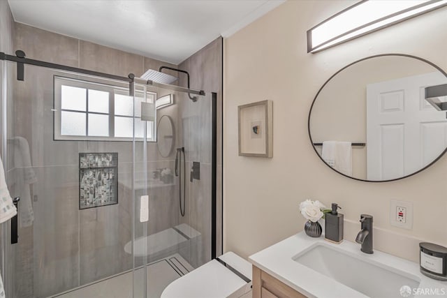 bathroom featuring toilet, a stall shower, and vanity