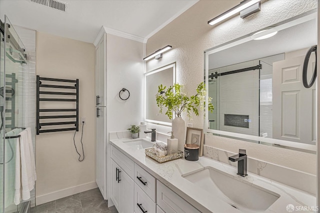 bathroom featuring a stall shower, a sink, visible vents, and radiator