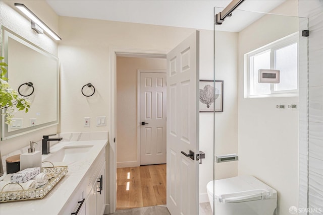 full bath featuring toilet, wood finished floors, and vanity