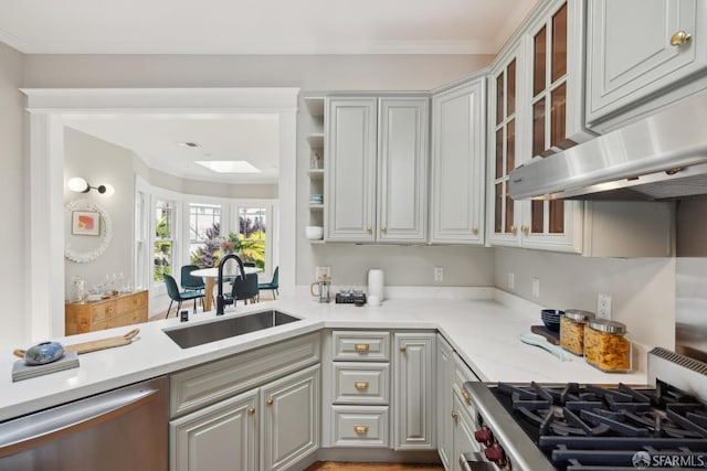 kitchen featuring a sink, under cabinet range hood, glass insert cabinets, ornamental molding, and stainless steel appliances