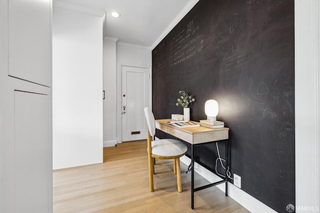2100 Green St Unit 302, San Francisco, CA 94123 - office area with recessed lighting, crown molding, light wood-style flooring, baseboards, and an accent wall