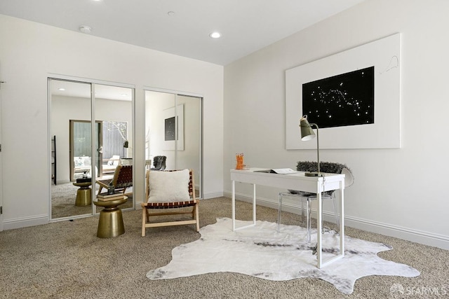 office area with baseboards, recessed lighting, and carpet