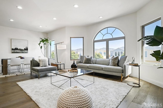 living area with baseboards, wood finished floors, and recessed lighting