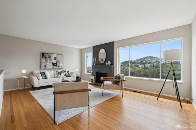 316 Gold Mine Dr, San Francisco, CA 94131 - living area with baseboards, visible vents, a large fireplace, and light wood-style flooring