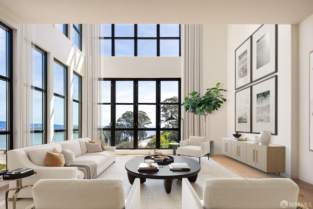 living room featuring a water view, plenty of natural light, and light hardwood / wood-style floors