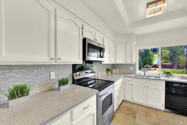 1723 Astoria Dr, Fairfield, CA 94534 - kitchen with appliances with stainless steel finishes, light tile patterned flooring, white cabinetry, decorative backsplash, and crown molding