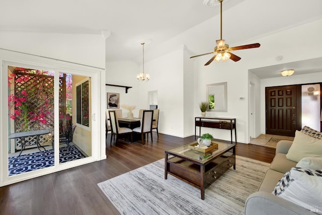 1723 Astoria Dr, Fairfield, CA 94534 - living room with a chandelier, wood finished floors, a ceiling fan, and lofted ceiling