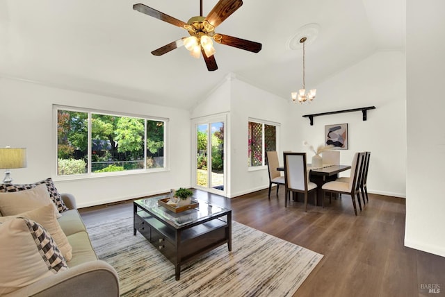 1723 Astoria Dr, Fairfield, CA 94534 - living area featuring a chandelier, ceiling fan, wood finished floors, and high vaulted ceiling