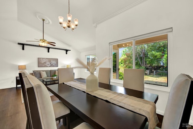 1723 Astoria Dr, Fairfield, CA 94534 - dining room with a chandelier, lofted ceiling, a ceiling fan, and dark wood finished floors