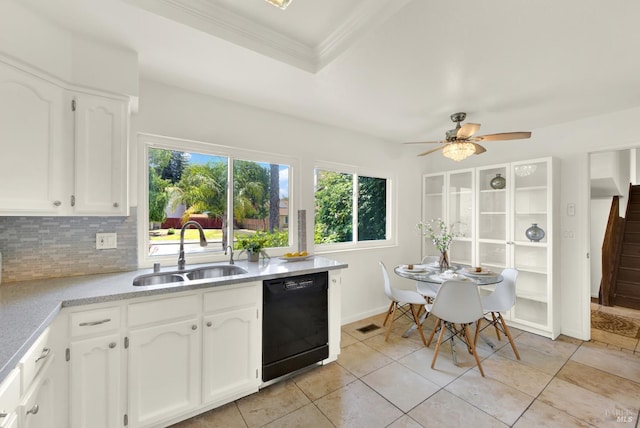 1723 Astoria Dr, Fairfield, CA 94534 - kitchen featuring dishwasher, white cabinets, light countertops, decorative backsplash, and a ceiling fan