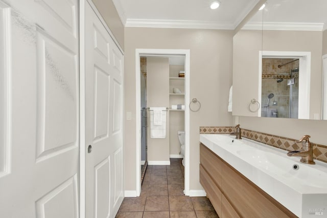 1723 Astoria Dr, Fairfield, CA 94534 - bathroom with double vanity, tiled shower, ornamental molding, and tile patterned flooring