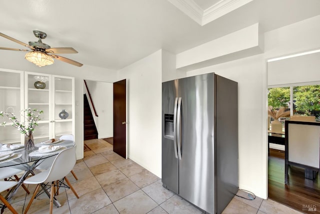 1723 Astoria Dr, Fairfield, CA 94534 - kitchen featuring stainless steel fridge, ornamental molding, a ceiling fan, and light tile patterned flooring