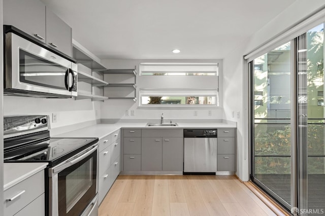 kitchen with sink, stainless steel appliances, light hardwood / wood-style flooring, and gray cabinets