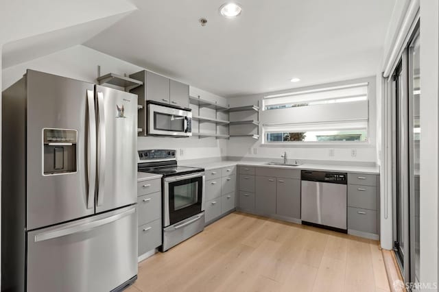 kitchen featuring light hardwood / wood-style floors, appliances with stainless steel finishes, sink, and gray cabinets