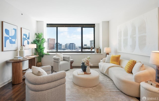 living area featuring a city view, baseboards, and wood finished floors