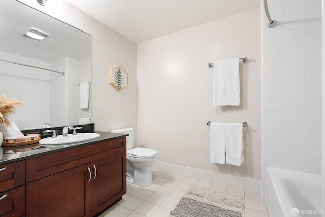 bathroom with shower / bathtub combination, toilet, vanity, baseboards, and tile patterned floors