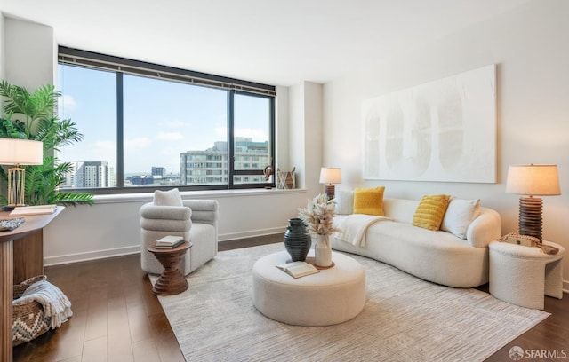 living room with baseboards, wood finished floors, and a city view