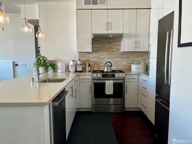 kitchen featuring a peninsula, stainless steel appliances, light countertops, under cabinet range hood, and a sink