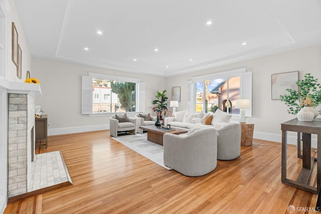 living room featuring light hardwood / wood-style flooring and a raised ceiling