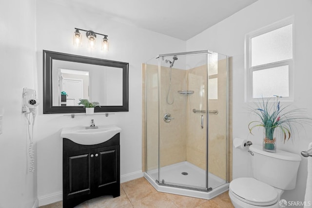 bathroom featuring toilet, vanity, tile patterned floors, and an enclosed shower