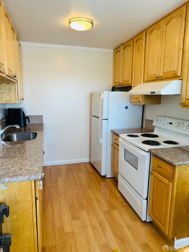 15 Mateo Ave Unit 7, Millbrae, CA 94030 - kitchen featuring white electric stove, light wood finished floors, under cabinet range hood, ornamental molding, and a sink