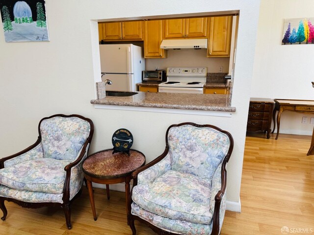 15 Mateo Ave Unit 7, Millbrae, CA 94030 - kitchen featuring light wood-style flooring, a sink, baseboards, white appliances, and under cabinet range hood