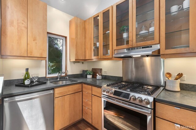 762 Bay St, San Francisco, CA 94109 - kitchen featuring under cabinet range hood, appliances with stainless steel finishes, a sink, dark countertops, and glass insert cabinets