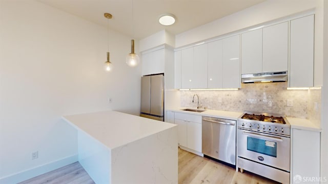 1338 Stevenson St, San Francisco, CA 1906 - kitchen featuring stainless steel appliances, under cabinet range hood, light wood-type flooring, backsplash, and white cabinets