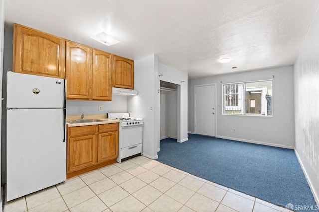 737 Minna St, San Francisco, CA 94103 - kitchen featuring light carpet, white appliances, light countertops, under cabinet range hood, and a sink