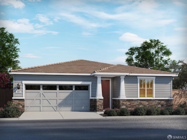 4204 Markovic Ct, Richmond, CA 94806 - view of front facade featuring a garage, stone siding, concrete driveway, and a tiled roof