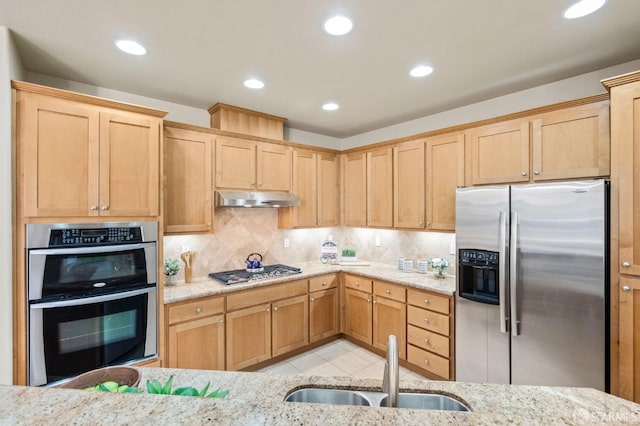 kitchen featuring light stone countertops, stainless steel appliances, tasteful backsplash, and sink