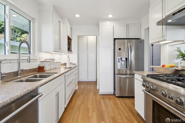 kitchen with a sink, under cabinet range hood, light wood-type flooring, stainless steel appliances, and white cabinetry