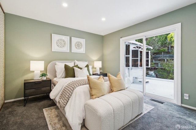 bedroom with visible vents, carpet, recessed lighting, and access to exterior