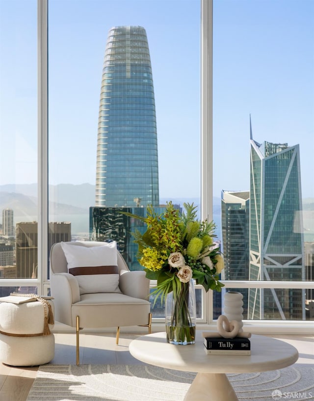 balcony with a city view and a mountain view
