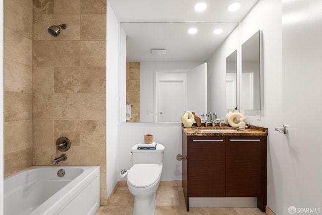 full bathroom with vanity, tile patterned flooring, toilet, recessed lighting, and shower / bathing tub combination