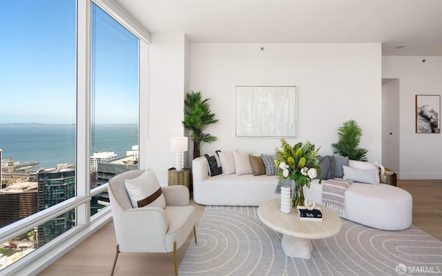 living room with a water view and wood finished floors