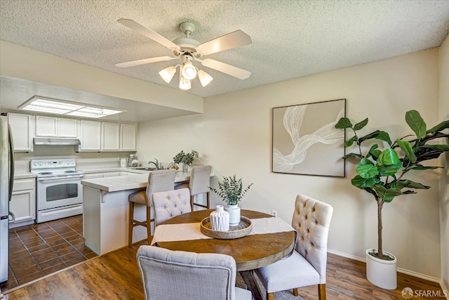503 Camelback Rd, Pleasant Hill, CA 94523 - dining room featuring a textured ceiling, a ceiling fan, dark wood-type flooring, and baseboards