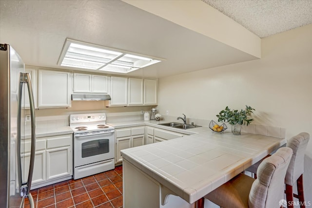 503 Camelback Rd, Pleasant Hill, CA 94523 - kitchen featuring electric stove, freestanding refrigerator, under cabinet range hood, a peninsula, and a sink