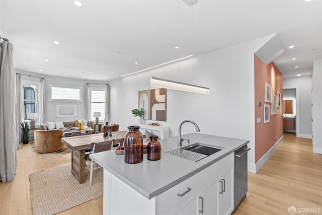 38 Steiner St Unit 303, San Francisco, CA 94114 - kitchen featuring white cabinetry, light wood-style floors, open floor plan, stainless steel dishwasher, and an island with sink
