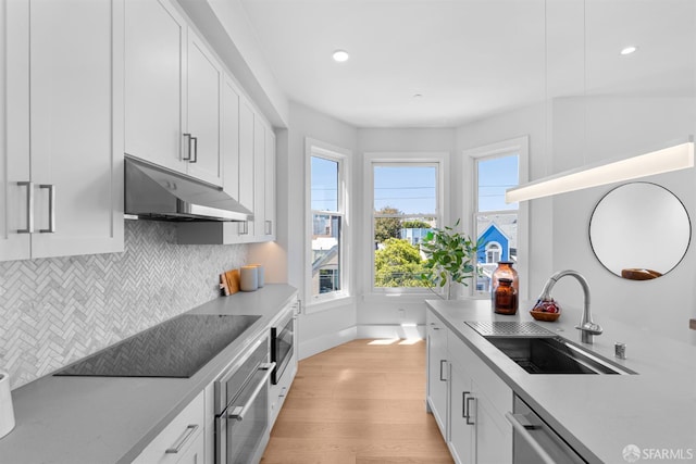 38 Steiner St Unit 303, San Francisco, CA 94114 - kitchen with under cabinet range hood, light wood-style flooring, stainless steel appliances, tasteful backsplash, and white cabinets