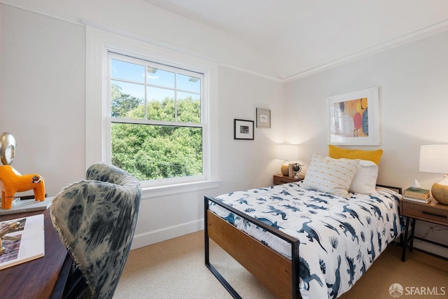 carpeted bedroom featuring ornamental molding and baseboards