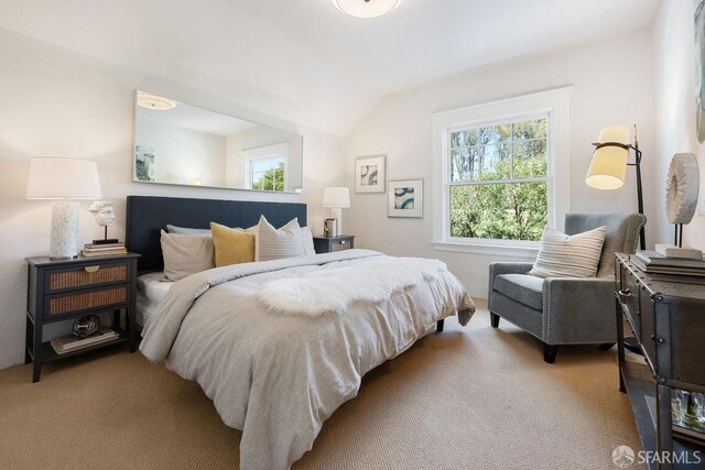 bedroom with vaulted ceiling and carpet floors