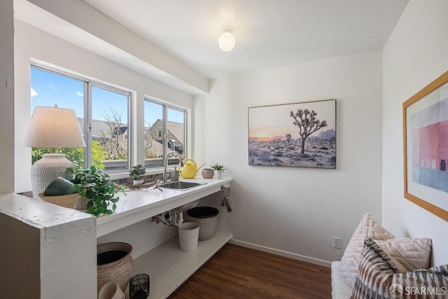 home office featuring wood finished floors, a sink, and baseboards