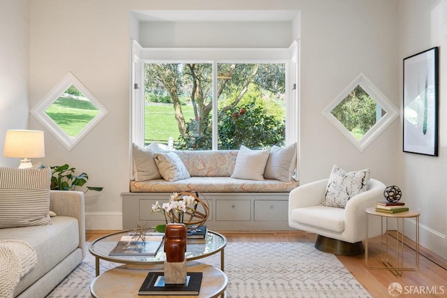 living area featuring baseboards and wood finished floors