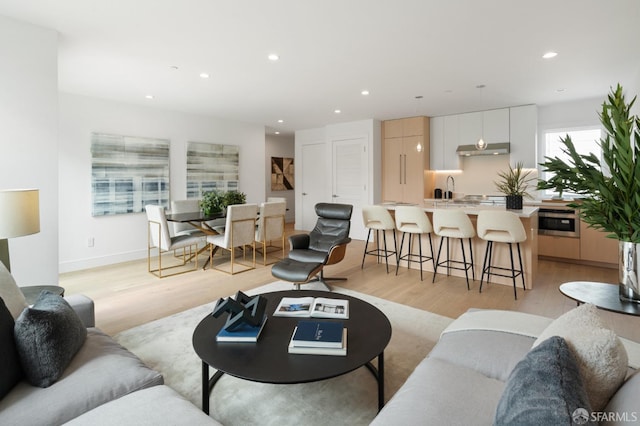 living room featuring light hardwood / wood-style floors and sink